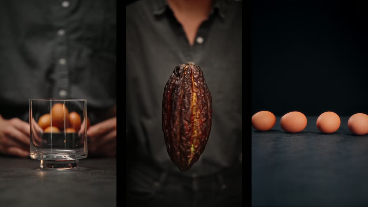 Three vertical shots from AL DANTE videos: eggs in a glass, a cacao pod, eggs on a dark table
