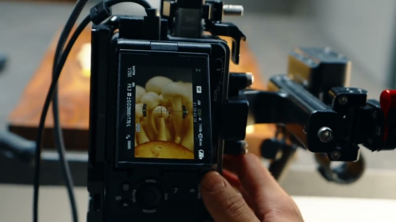Camera screen on set: the dish in frame, 1/250 shutter and F2.8 aperture